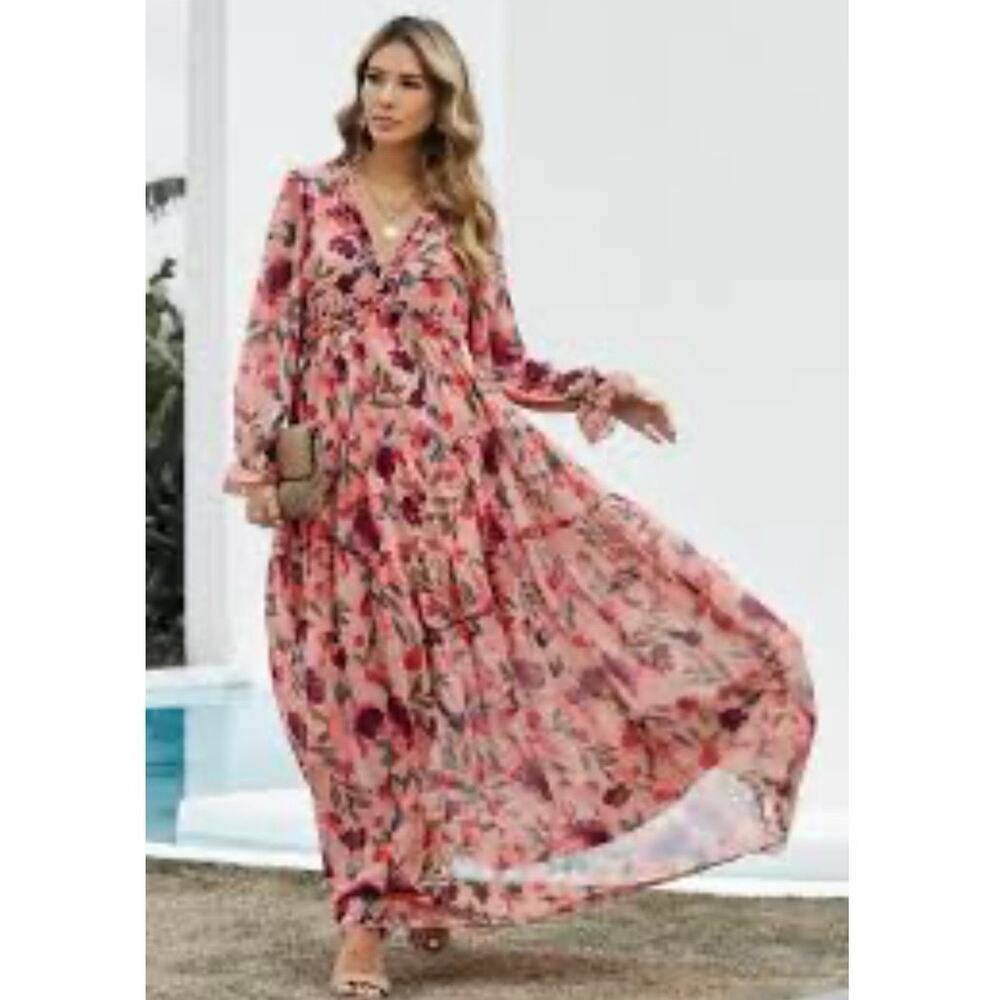 Peachy Pink Floral Empire Waist Ruffle Tiered Maxi Dress Boho Cottagecore Small - Picture 1 of 16